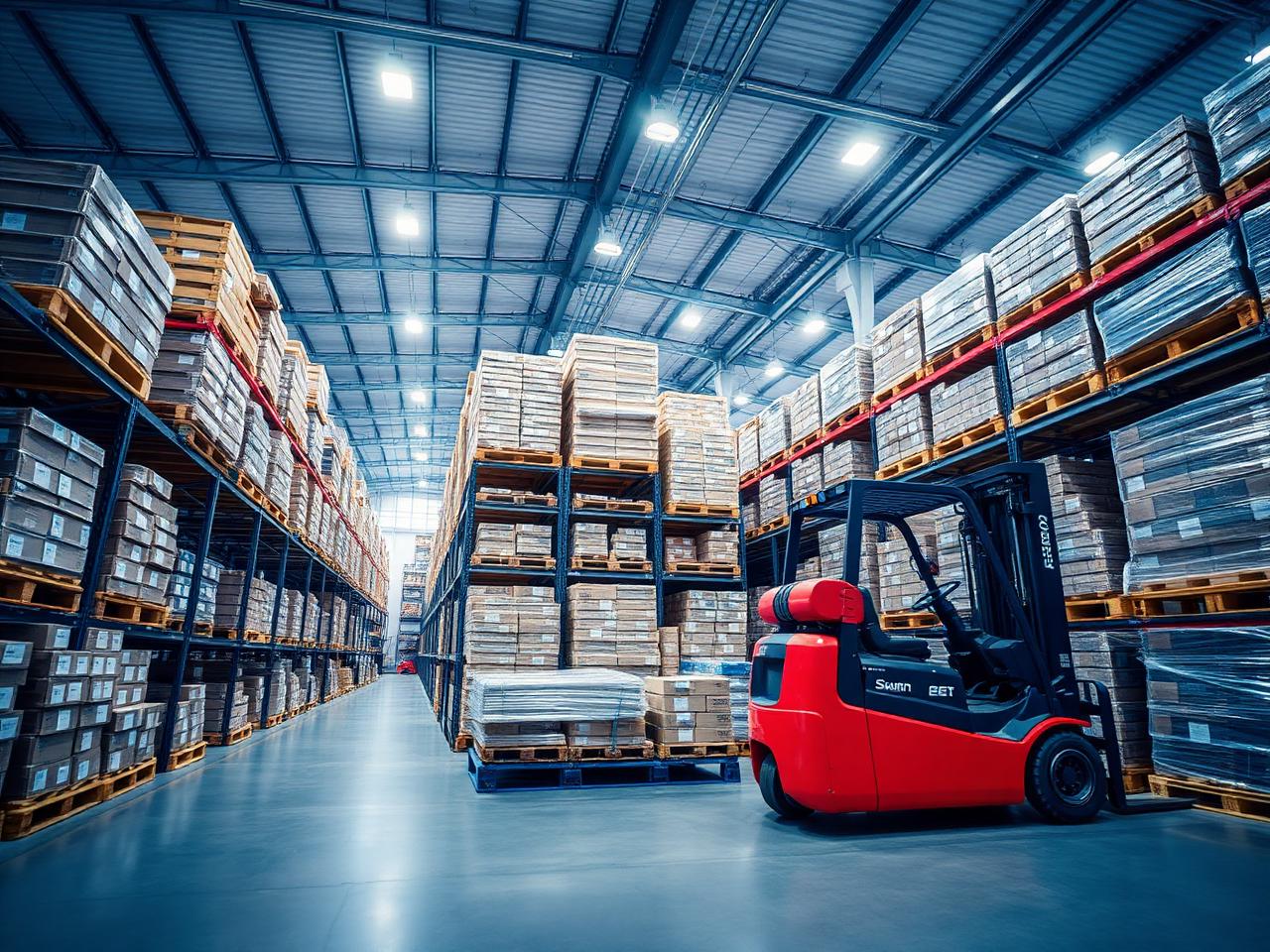 Organized warehouse with pallets and forklift